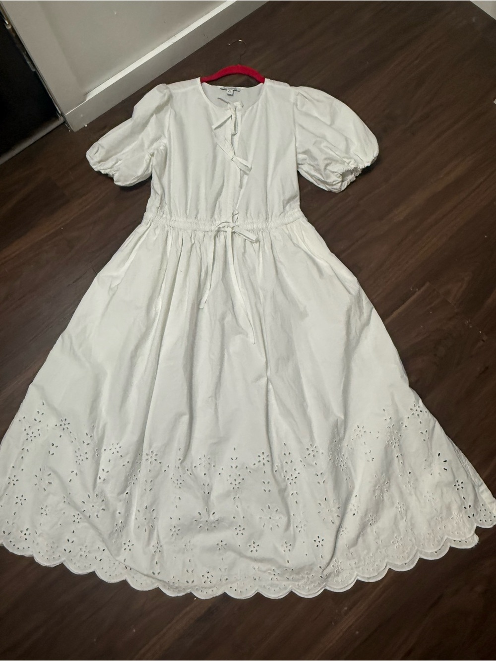 White Eyelet Maxi Dress with Puff Sleeves and Tie Waist